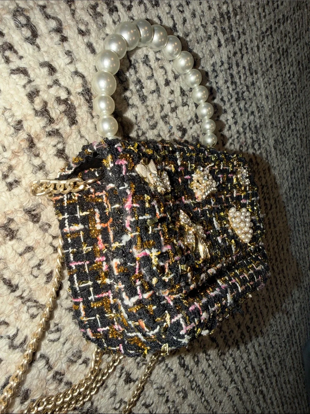 Black Multi Tweed Mini Bag with Pearl Handle